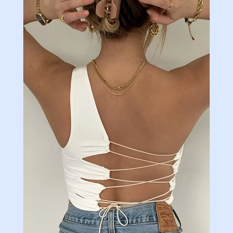 

Spring Asymmetry Bandage Hollow Out Backless Female Tank Clubwear Sexy Skinny Women Crop Tops