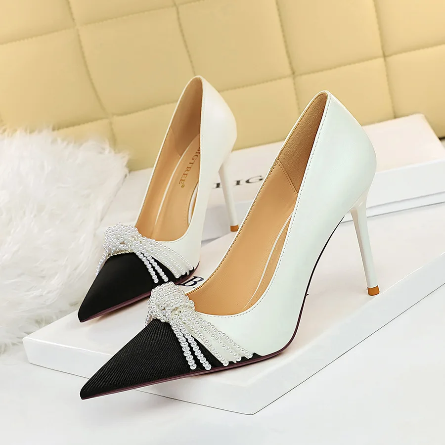 

Korean fashion banquet high-heeled shoes pointed toe pearl bow wholesales luxury ladies sandals white female high heel shoes