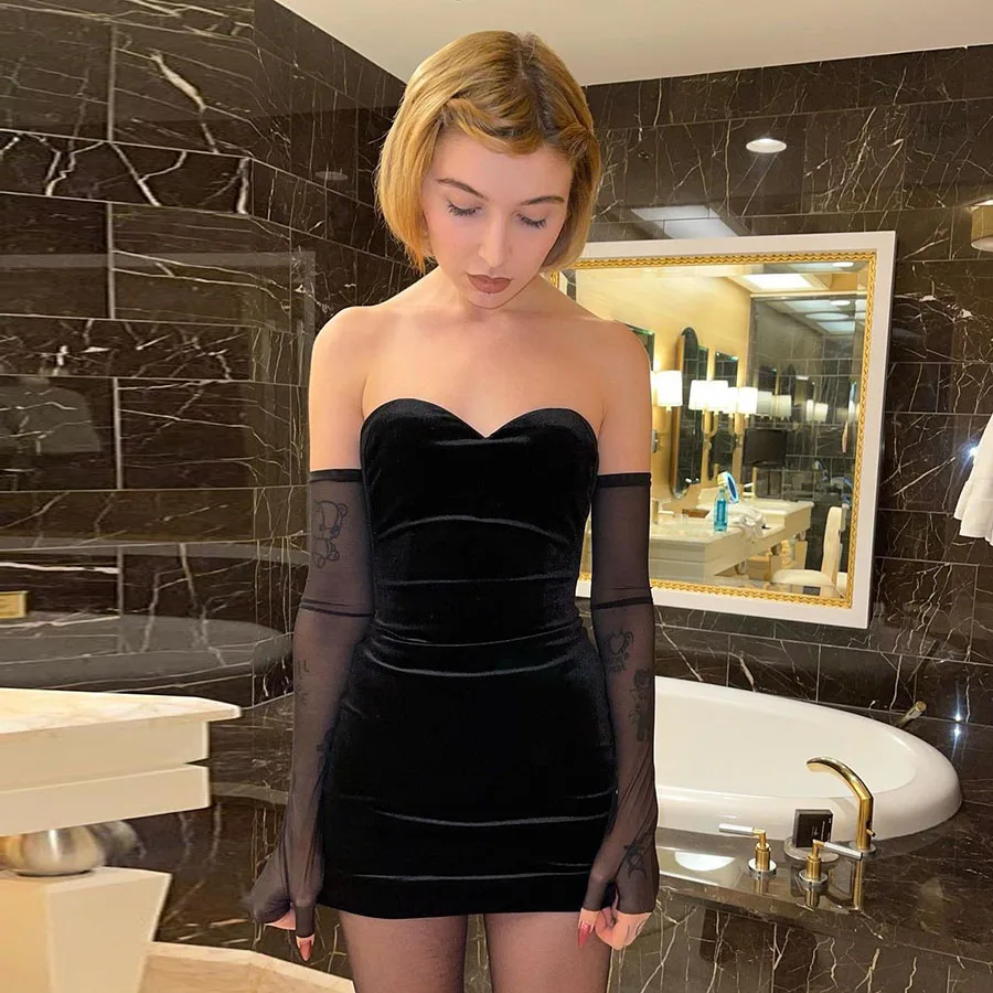 

Nibber K20D10904 Black Sexy Bodycon Dress Women Fashion Strapless Removable Long Sleeve Clothing Lady Solid Mini Slim Dresses