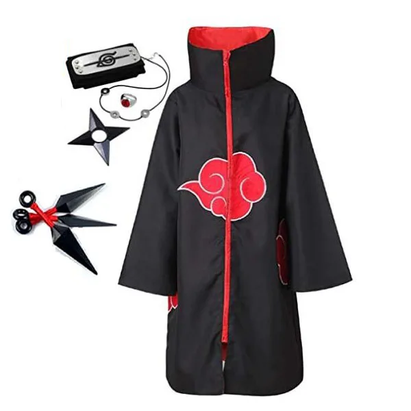 

Ecowalson Long Robe Halloween Cosplay Costume Akatsuki Cloak Headband Necklace Ring, As shown