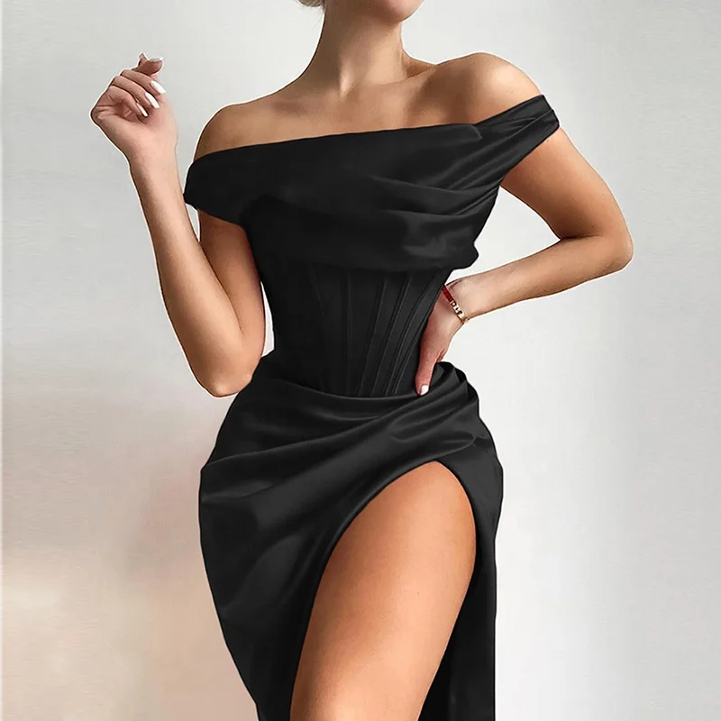 

2021 Spring Elegant Women Streetwear Off Shoulder Knee Length Bodycon Party Clothes Dress, Customized color