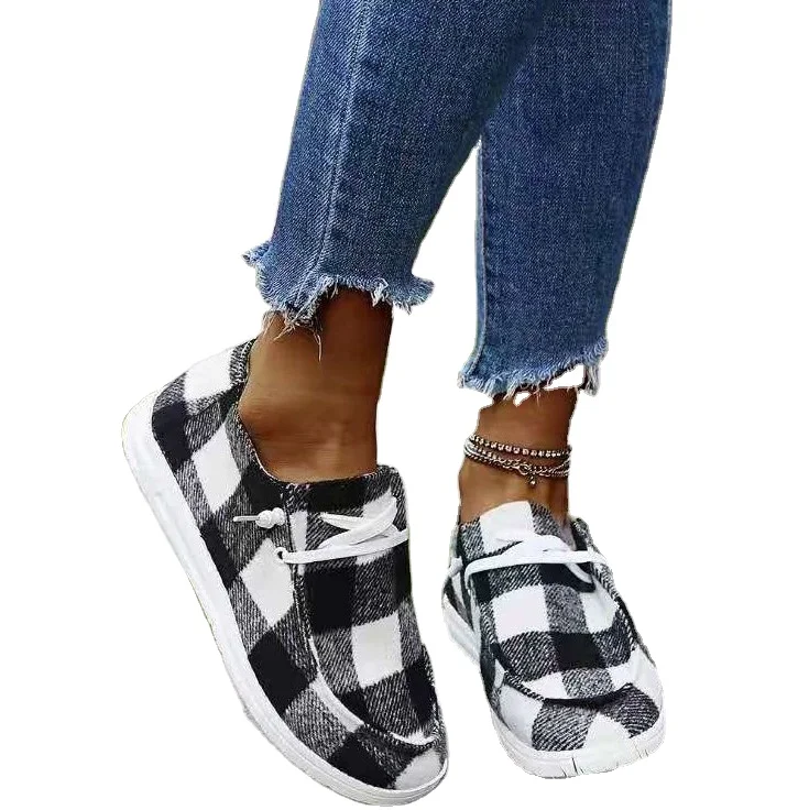 

In Stock Fast Shipping Red and Black Buffalo Plaid Plain Color Loafer Shoes Women's Casual Canvas Flat Shoes
