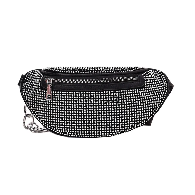 

New Fashion Women PU Leather Chest Bag Diamonds Fanny Pack Rhinestones Crystal Purse Waist Bags, Black.silver