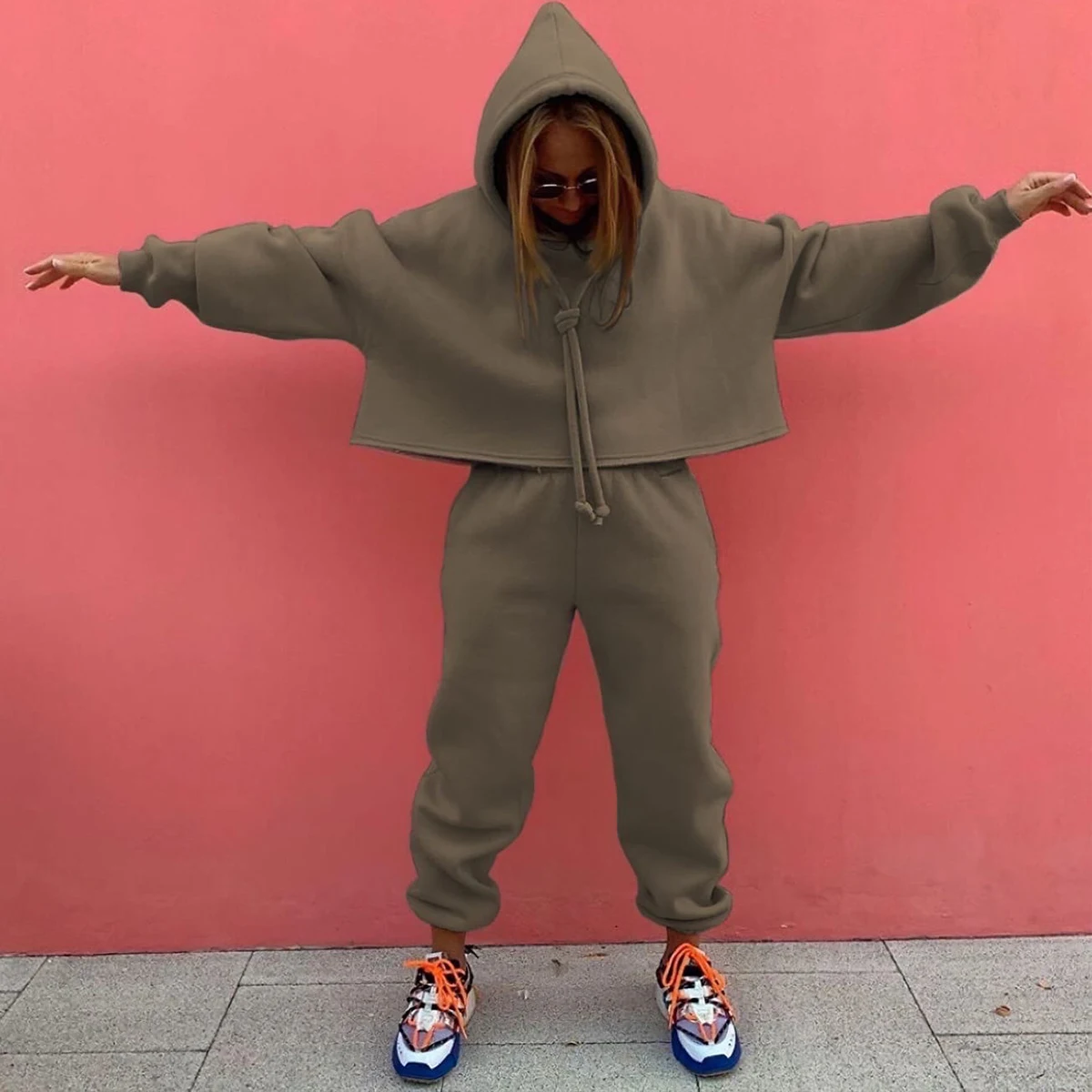 

Hot-selling Fall Sweatsuit Tracksuit Casual Two Piece Set Clothing Women Trouser Sets Oversized Hoodies Sets, Gray, army green, apricot