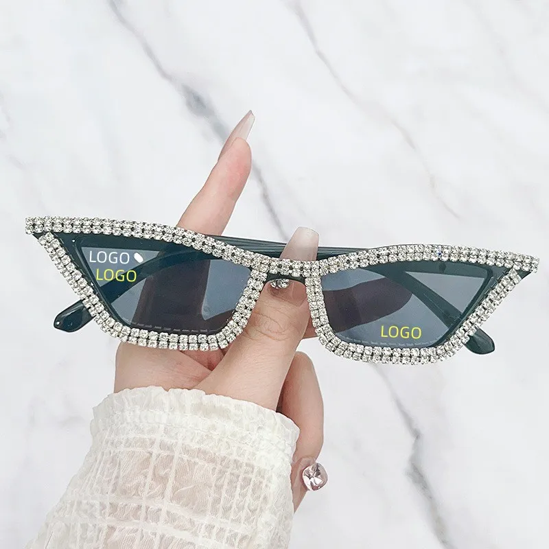 

Brand Designer Fashion Diamond Sun Glasses Retro Small Cat Eye Triangle Diamond Bling Bling Sunglasses For woman