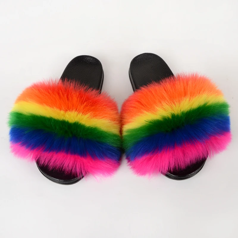 

2021 Newest Design Artificial Fox Fur Sliders faux fur slide sandals Custom Women Fashion Fur Slides, Requirement