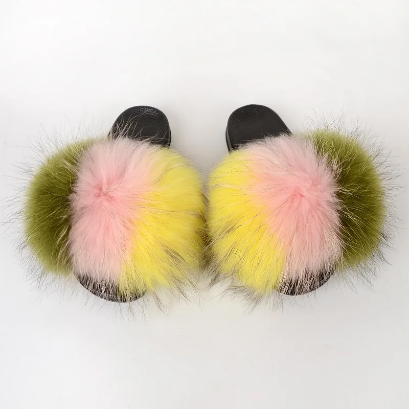 

Chinese manufacturer fur slide slide open-toed little girl lady furry raccoon fur slippers, Customized color