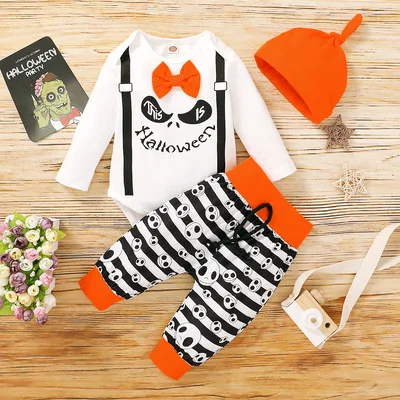 

F41210A 2021 new Halloween bow long sleeve romper + print stripe pants baby boys' clothing sets boy set clothing