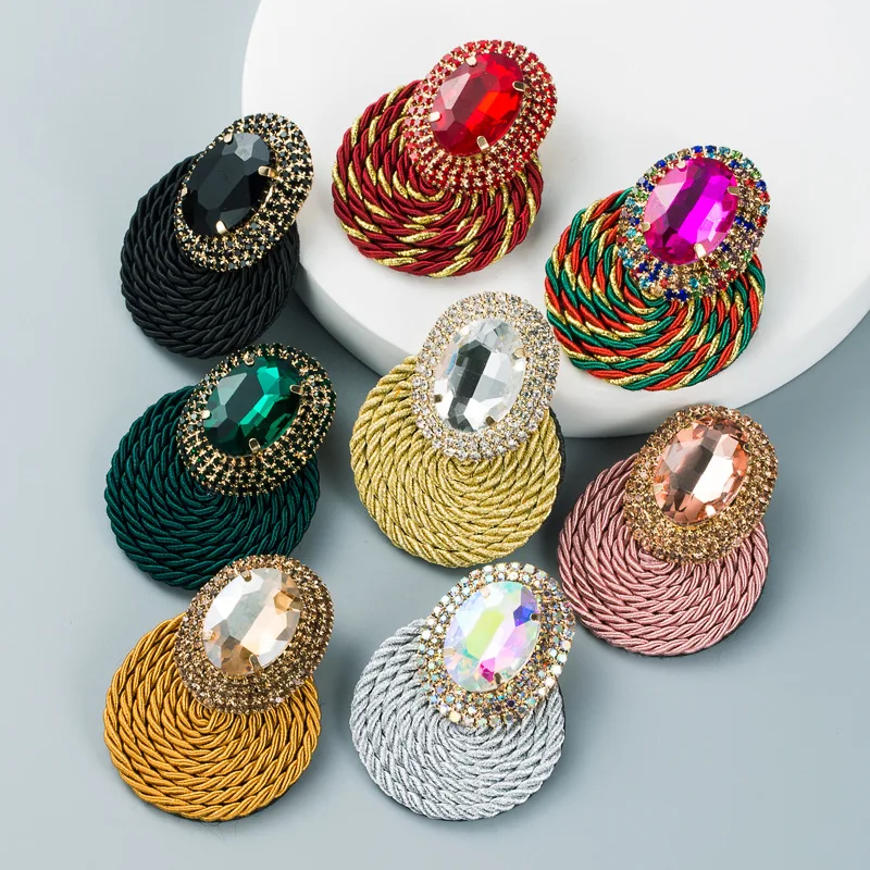 

European And American Style Color Crystal Series Personality Oversize Glass Crystal Earrings Handmade Line Weaving Earrings