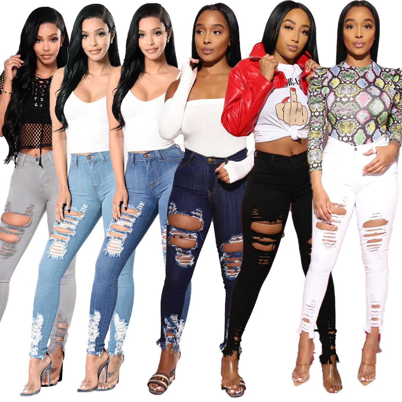 

New women's jeans trendy high waist skinny jeans pant ripped elastic butt lift jeans for women