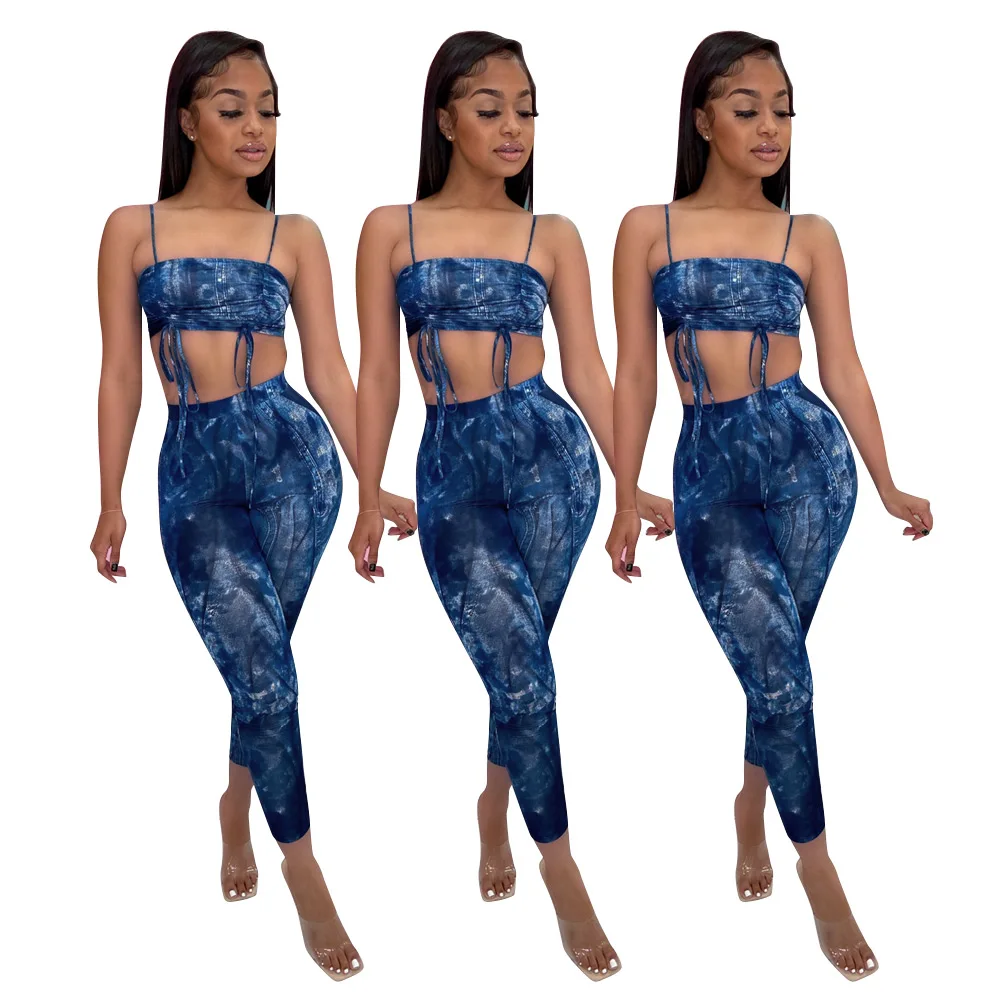 

YD-A6659 New fashionable sexy crop tops vest with drawstring printed women two piece pants set, As picture