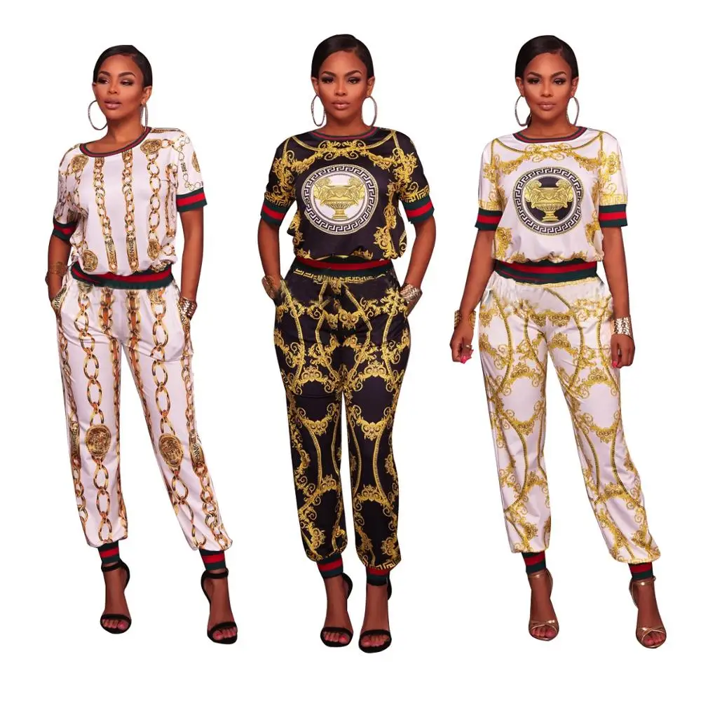 

Autumn Spring Printed 2 Piece Set For Women Long Pants 2 PC Set Lady Casual Two Piece Pants Set