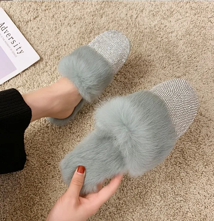 

Designer Shoes 2021 Rhinestone Fur Crystal Slippers Diamond Mules Flats Woolen, Green, black, khaki