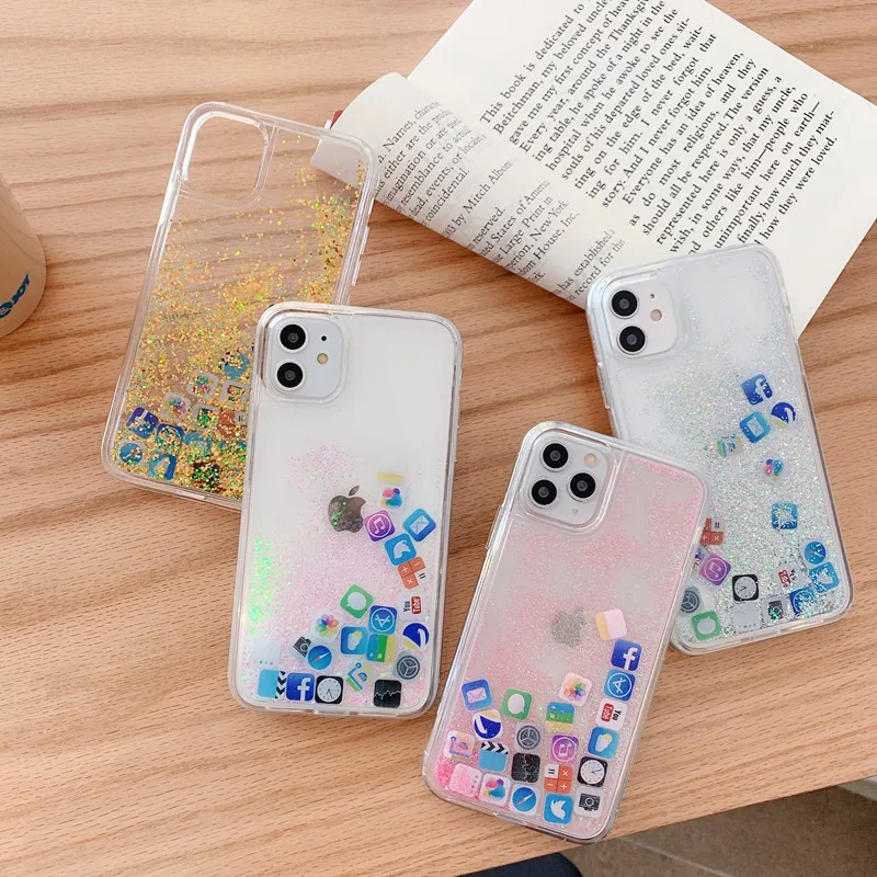 

Dynamic Quicksand Cover For iPhone 11 12 Pro Max Liquid Hard Phone Shell For iPhone 6 7 8 Plus X XR XS Cute apps icon Case Capa