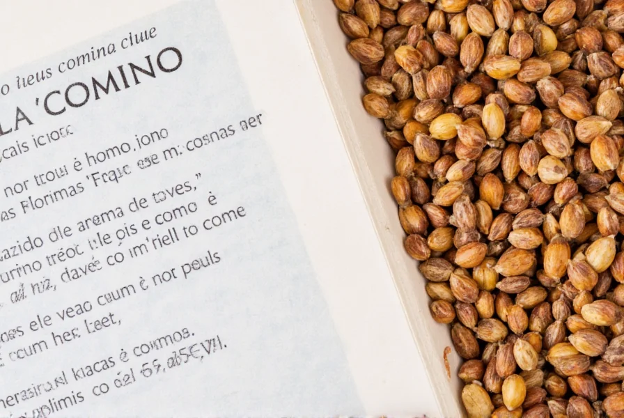 Close-up of comino seeds next to Spanish dictionary showing 'comino' definition