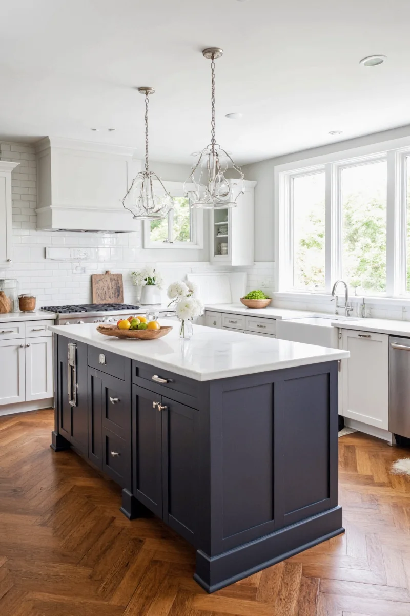 Kitchen island with cabinets, baskets, and shelves underneath