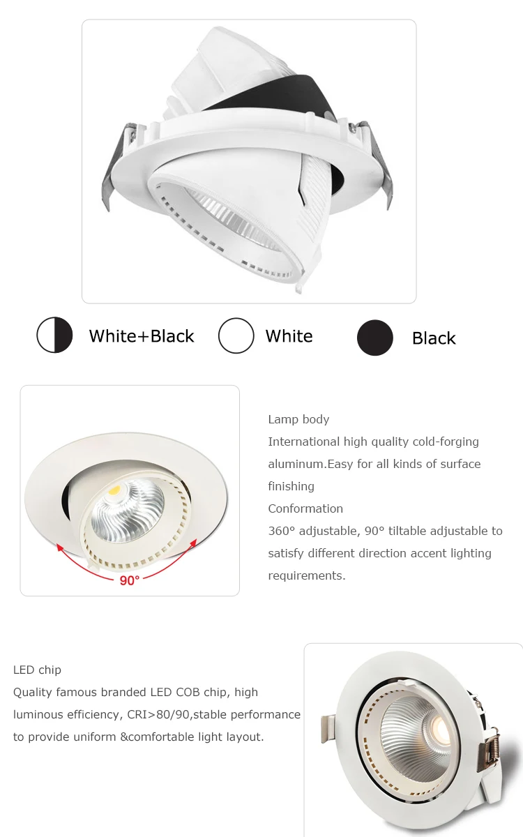 Recessed adjustable 8W15W 30W 40W cob led gimbal tiltable grille down light for projects commercial