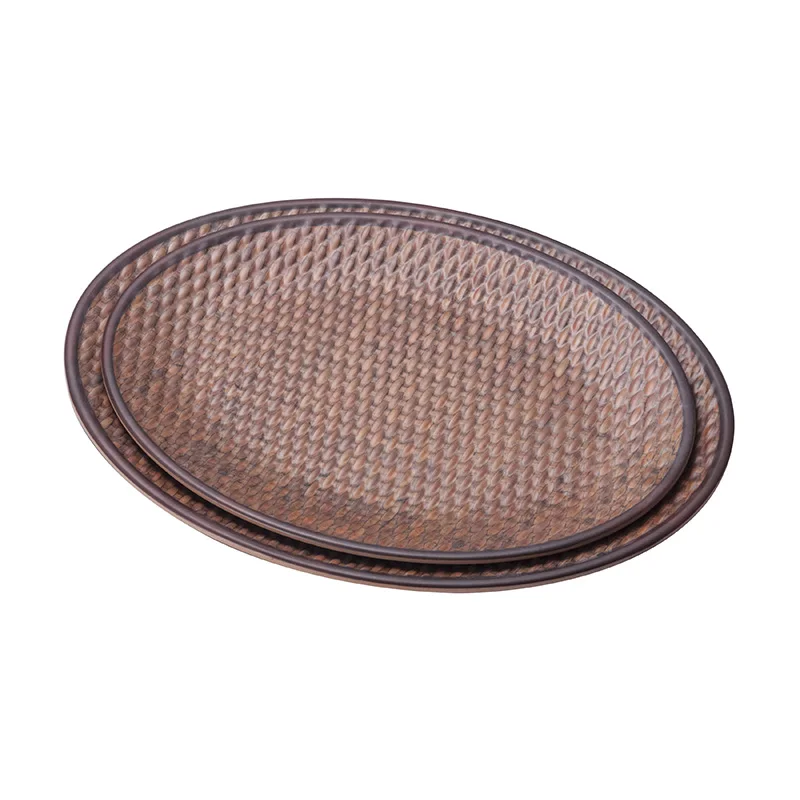 

Bamboo rattan wood texture light weight wholesale melamine oval plate for restaurant, Beige & dark brown