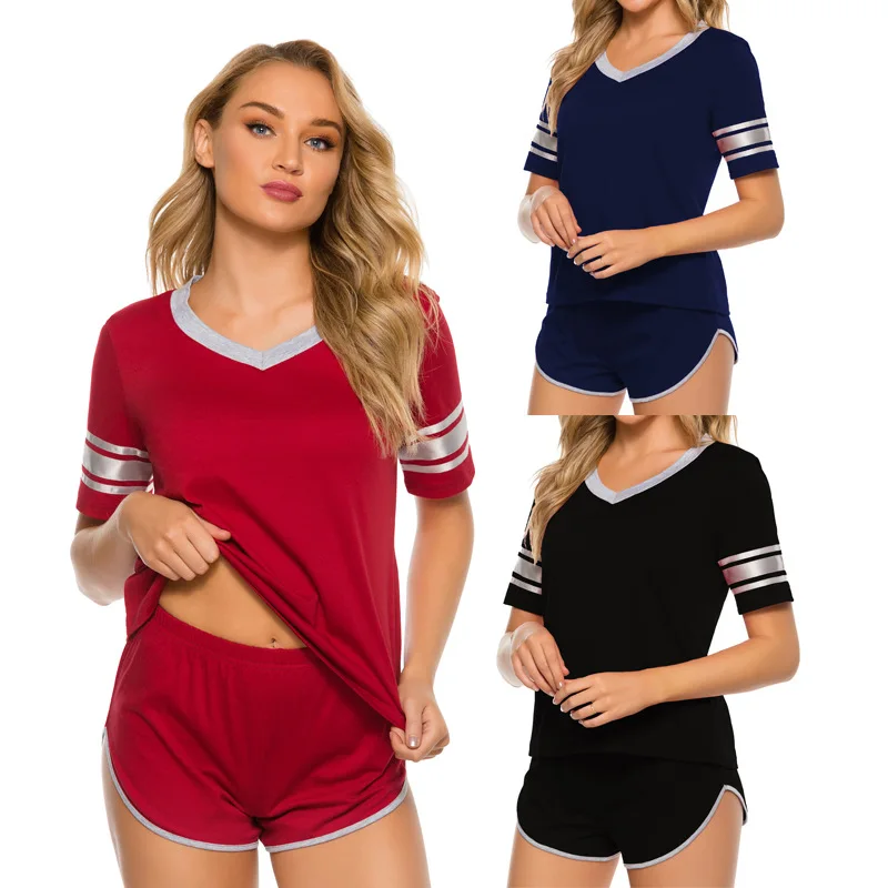 

2021 modal high soft T-shirt and shorts pajama sets women o-neck top sleepwear nightie solid lounge home ladies wear, As pic