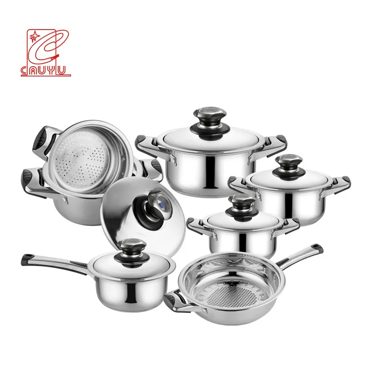 

newest promotion cooking pot set cookware 12 pcs stainless steel cookware set With thermometer knob