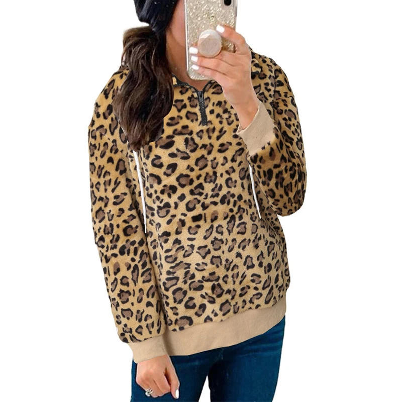 

Wholesale Leopard Zip Neck Pullover For Women Long Sleeve Fleece Sweatshirt