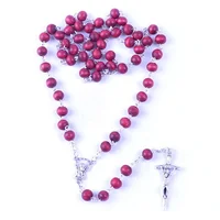 

Fashion Rose Scented Silver Chain Cheap Religious Rosaries with Jesus Cross Pendant Catholic Crucifix Wood Bead Rosary Necklace