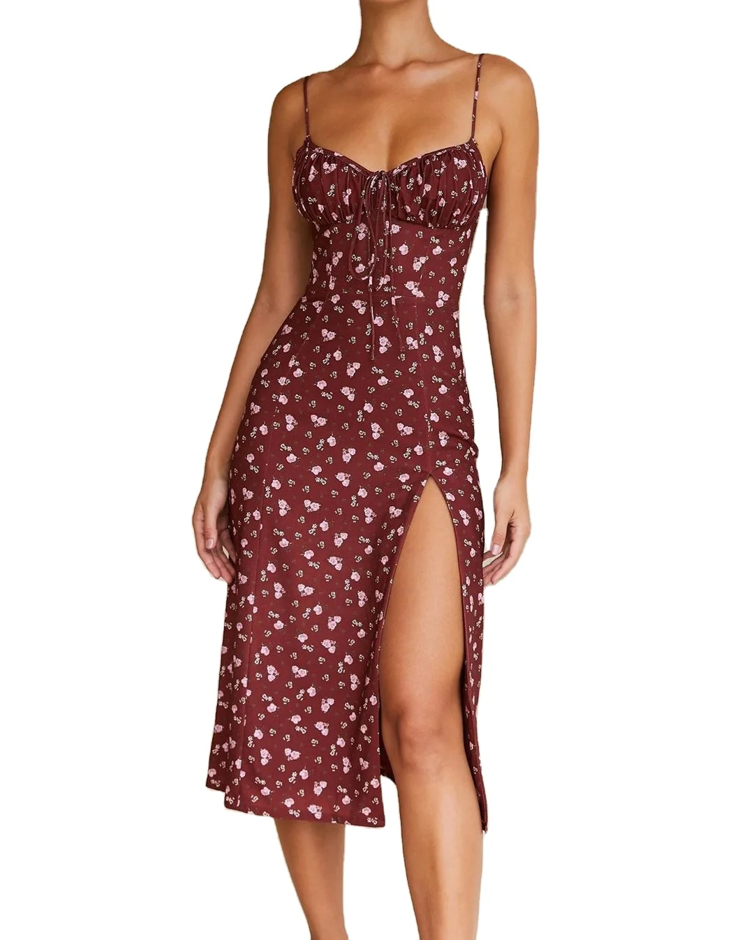 

Summer Floral Dress Sexy Slit Dress Fold Lace-up Slip Dress Wine Red Color Women Clothes Elegant