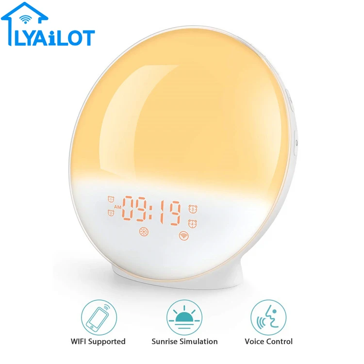 

WiFi Smart Voice Sunrise Wake-up Light-FM Radio Wake-up Light Tuya Smart Sunrise Color Atmosphere Alarm Clock, Picture