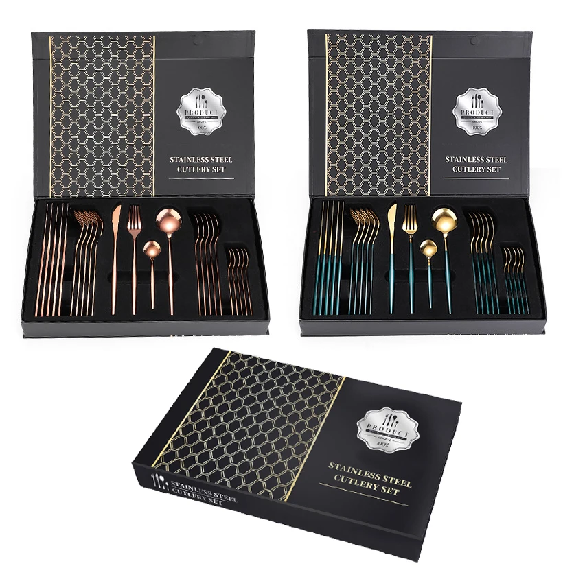 

Top-ranked Products portuguese 24pcs cutlery set black and gold cutlery with box, Silver/gold/rose gold/colorful/black, gold+colorful