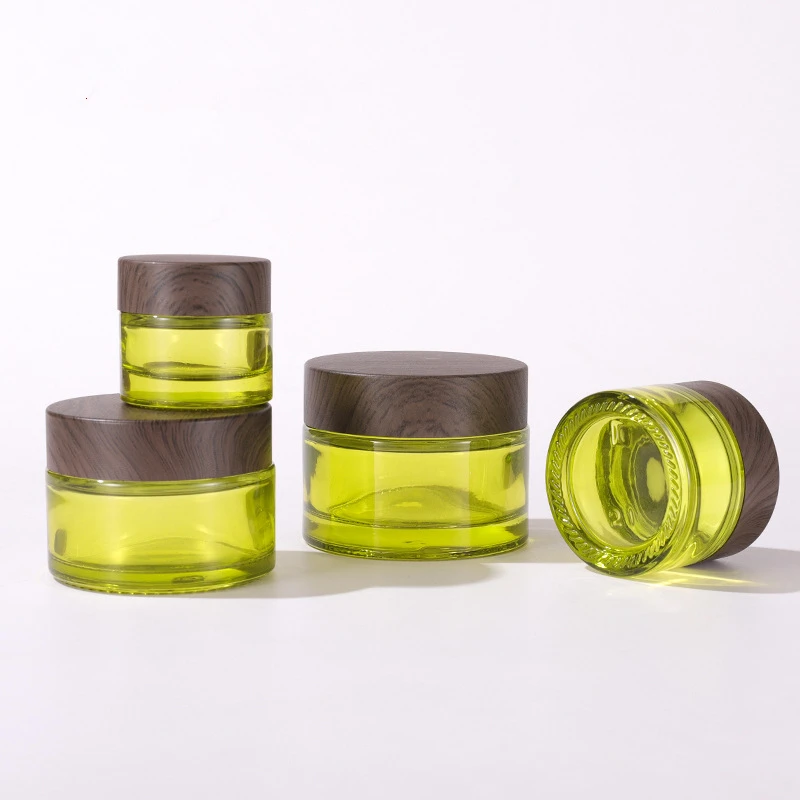 

10g 15g 30g 50g empty green beauty cosmetic cream glass jar sets with wood grain cover
