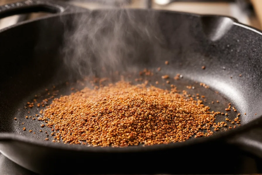 Cumin seeds being toasted in a cast iron skillet with visible steam rising, showing proper preparation technique
