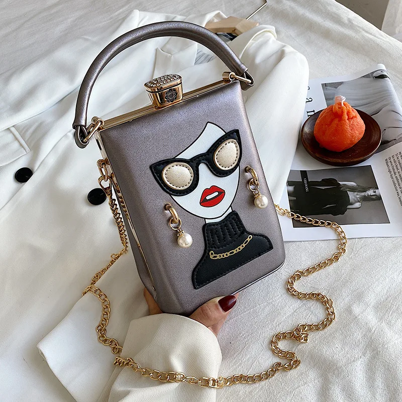 

Fashionable Splicing Beauty Box Dinner Bag 2021 New Portable Women Purses Korean Temperament Chain Ladies Handbags