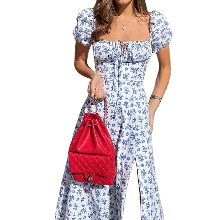 

2021 Amazon hot selling new printed French broken flower backless slim sling split dress for women