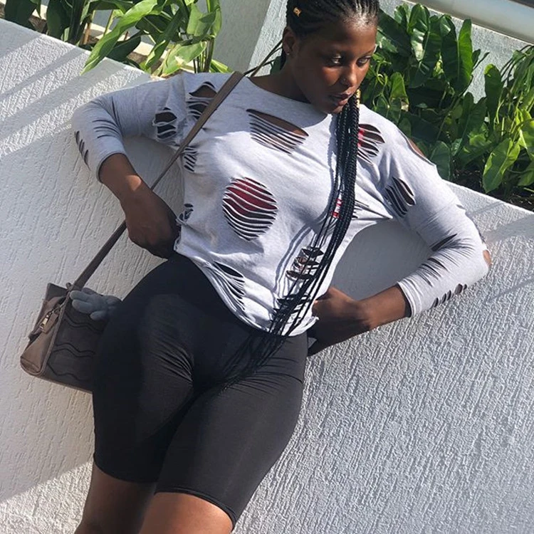 

Fitted Fashion Tees Euro Ripped Women Long Sleeve T Shirts For Women Casual Summer Sexy High Fashion Street Wear -YS, Gray