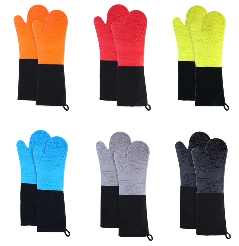 

Kitchen Cooking Heat Resistant Long Cotton Silicone Grill BBQ Gloves Double Oven Gloves Mitts, Black, red, grey