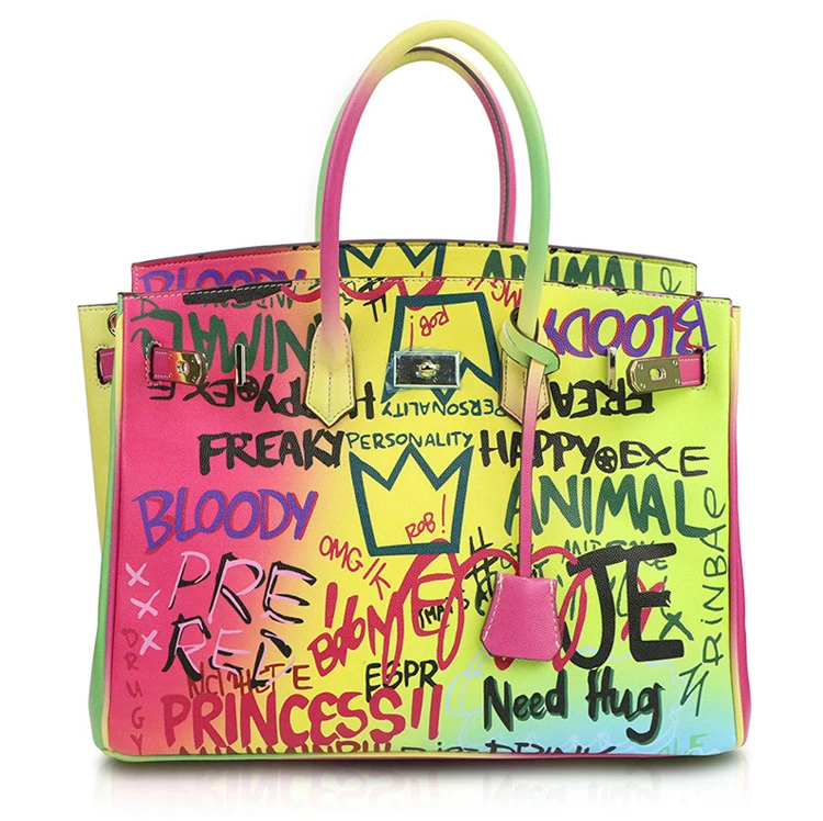 

Z0078 30cm colorful ladies hand bags big shoulder fashion purse luxury large graffiti handbag for women, Multi
