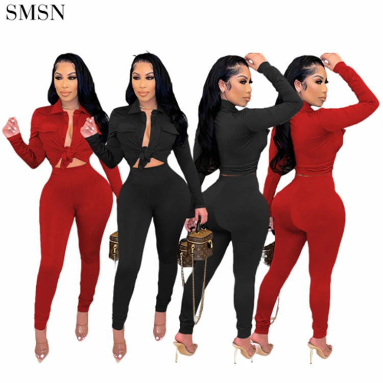 

Wholesale Solid Color Bodycon Sexy Fall 2021 Women Clothes 2 Piece Set Women Two Piece Pants Set