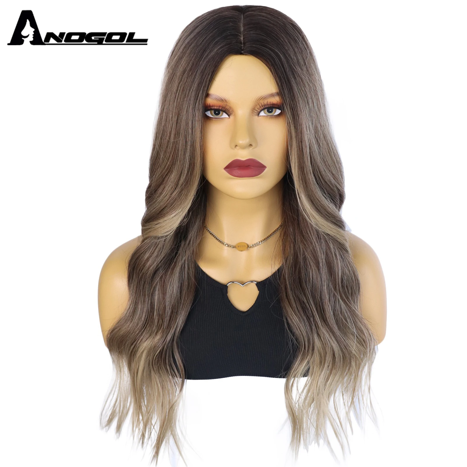 

Anogol 26Inch Long Kinky Curly Ombre Light Brown Black Wig Synthetic Machine Made Hair No Lace Wig for Women Brazilian