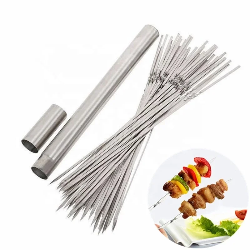 

20pcs 14" Barbecue Skewers Reusable Flat BBQ Needle Stick Stainless Steel Barbecue Skewers, Silver