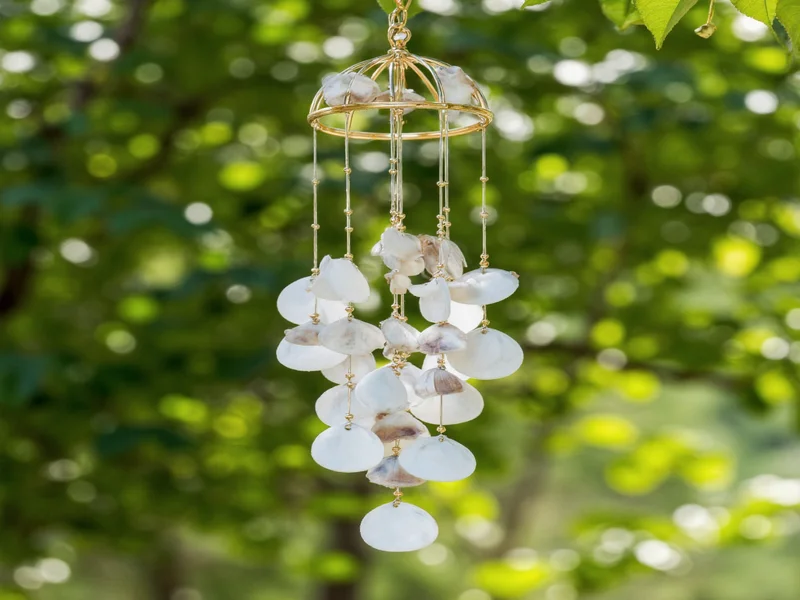 Handmade oyster shell wind chime hanging outdoors