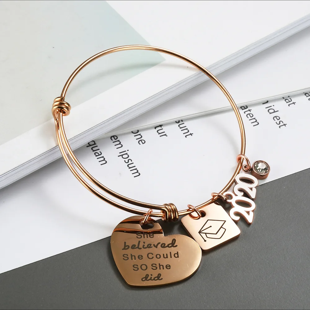 

2020 Inspirational Graduation Gifts Engraved Inspirational Bracelet Bangle Cuff Bracelet with She Believe She Could So She Did, As the picturs