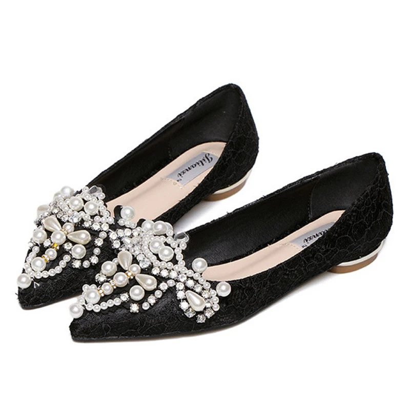 

New fashion women shoes sweet pearl flat shoes beaded rhinestone single shoes