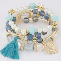 

Bohemian Ethnic Style Alloy Crystal Pearl Leaf Multi-layer Tassel Bracelet with Charm for Female