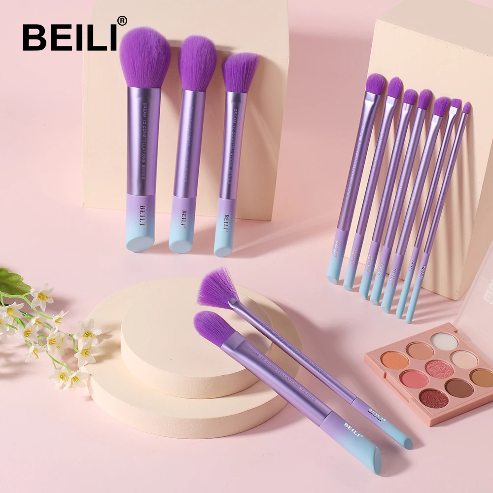 

BEILI new color design purple synthetic wooden handle fan edge makeup brush set brochas de maquillaje profesional, Customized color