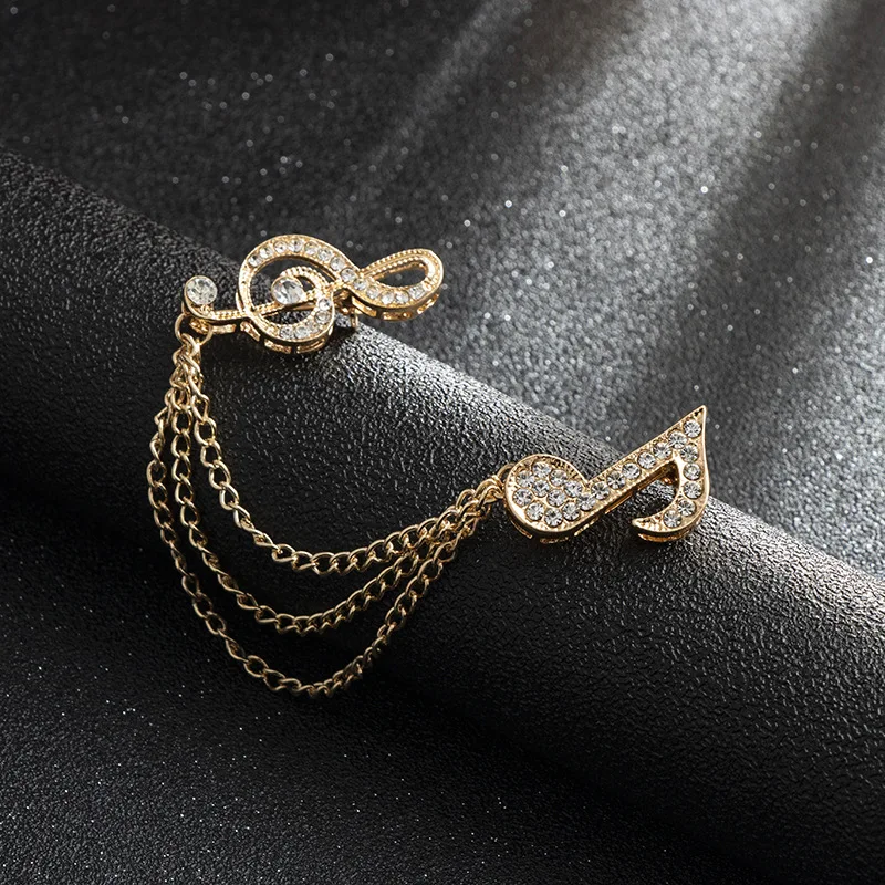 

ROMANTIC Customize badge men pin brooch with chain suit gold silver musical note crystal chain brooch