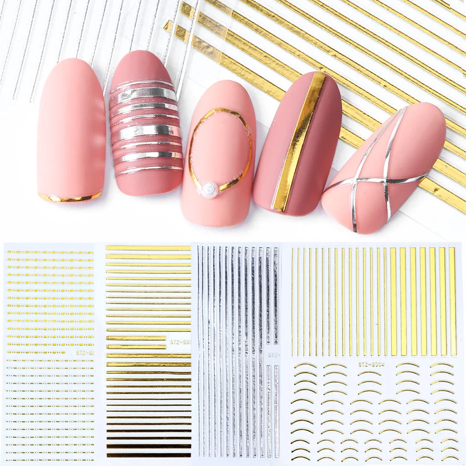 

Nail Art Decoration Gold Silver Sliders 3D Nail Stickers Straight Curved Liners Stripe Tape Wraps Geometric Nail Art Decorations