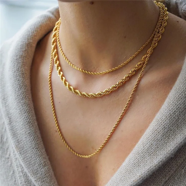 

Trendy 3MM Wide Chunky Twisted Chain Necklace 18K Gold Plated Stainless Steel Necklace For Women, As the picture