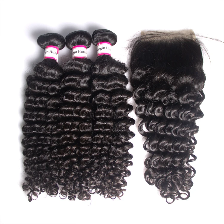 

Grade 9a virgin hair peruvian virgin curly human hair bundles with closure, peruvian deep curly weaves with closure, Natural color #1b,light borwn, dark brown