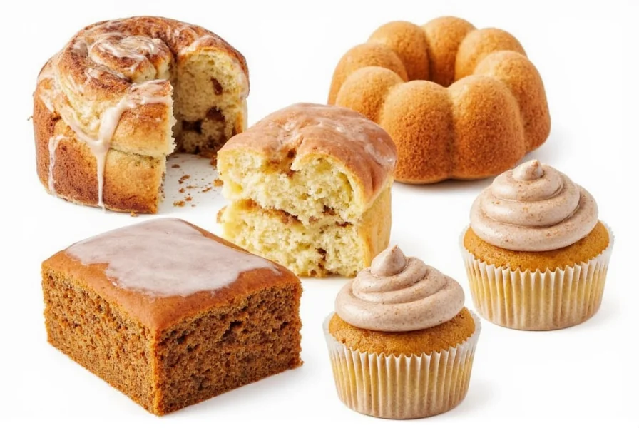 Assortment of baked goods featuring different cinnamon icing applications on cinnamon rolls, coffee cake, and cupcakes