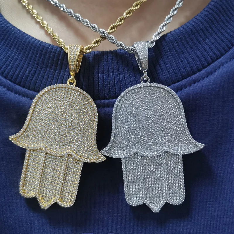 

2021 Hip Hop Jewelry Gold Custom Copper Bling Square Zircon Pave White Stone Fatima Hamsa Palm Hand Pendant Necklace Jewelry